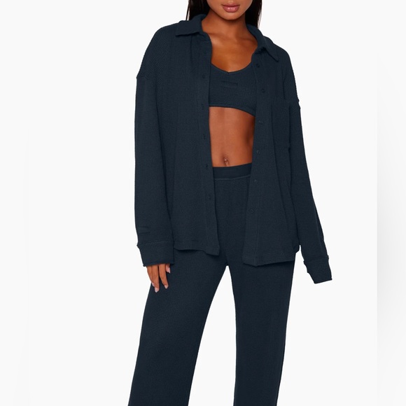 SET ACTIVE 3 piece Waffle Lounge Button Down, Dip Bra & Lounge Pants in OXFORD - Picture 1 of 12